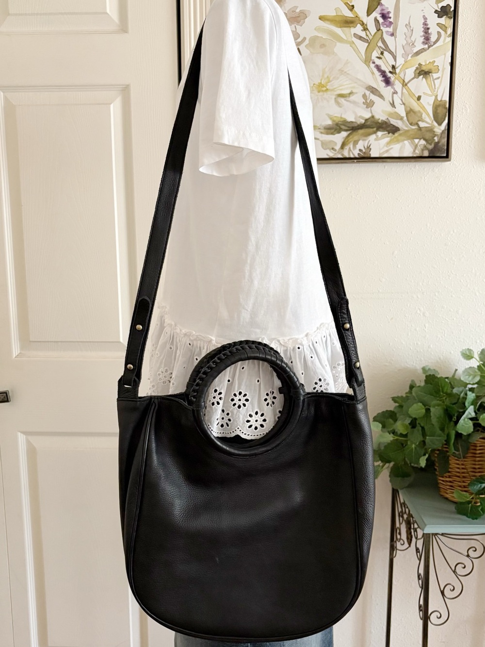 Cleobella Black Leather Circle Handle Shoulder Tote Bag Italy